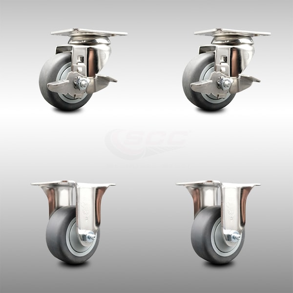 Service Caster 3 Inch 316SS Thermoplastic Rubber Swivel Top Plate Caster Brake 2 Rigid, 2PK SCC-SS31620S314-TPRB-TLB-2-R-2 - main